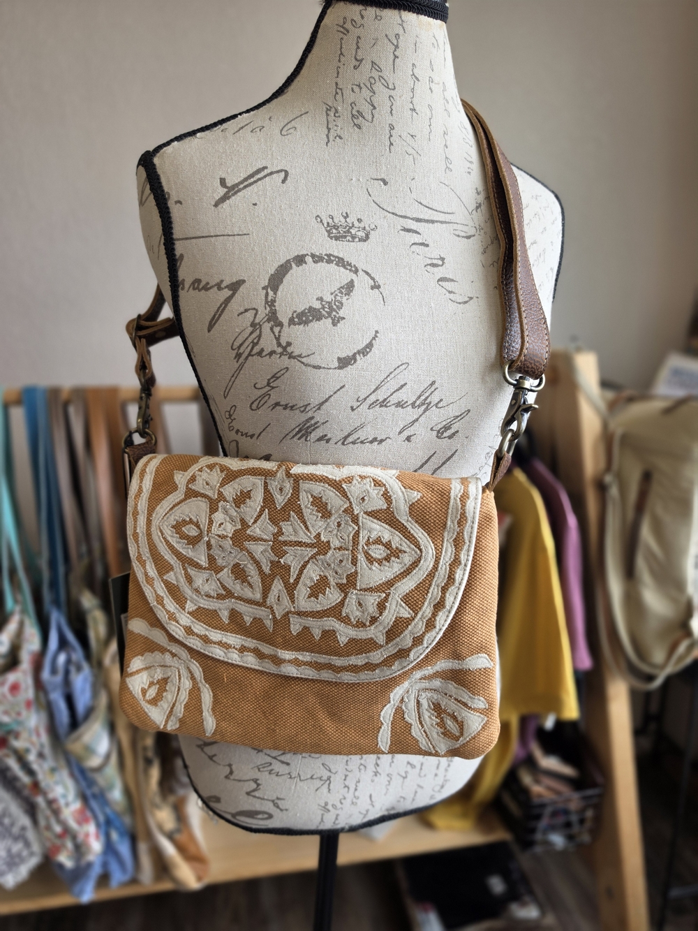 Myra Embroidered Crossbody Bag in Tan